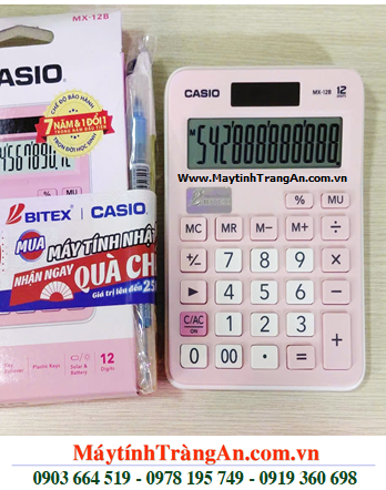 Casio MX-12B (vỏ Hồng), Máy tính tiền Casio MX-12B (loại 12 số Digits), Bảo hành 07 năm /CÒN HÀNG